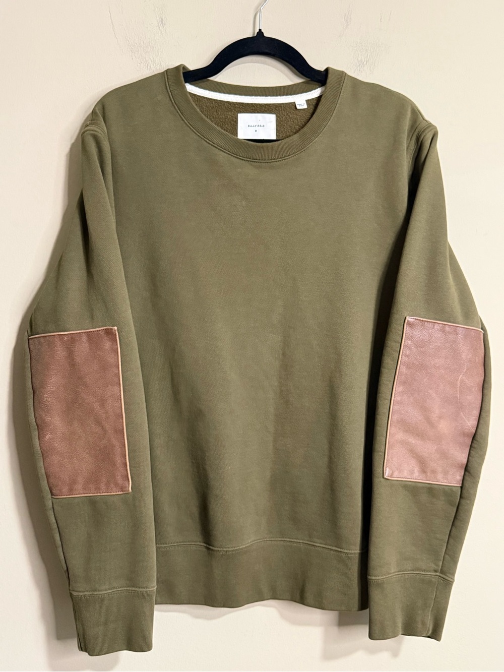 Billy Reid Dover Sweatshirt Olive Leather Elbow Patches M Unisex